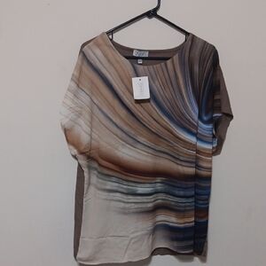 Tamsy Mink Wave Pattern Drop Sleeve Woven & Knit Top - L 27" Ptp